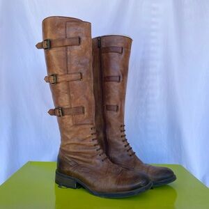 Vince Camuto Fenton Brown Two Tone Zipper Knee High Boots w Side Buckles Size 10